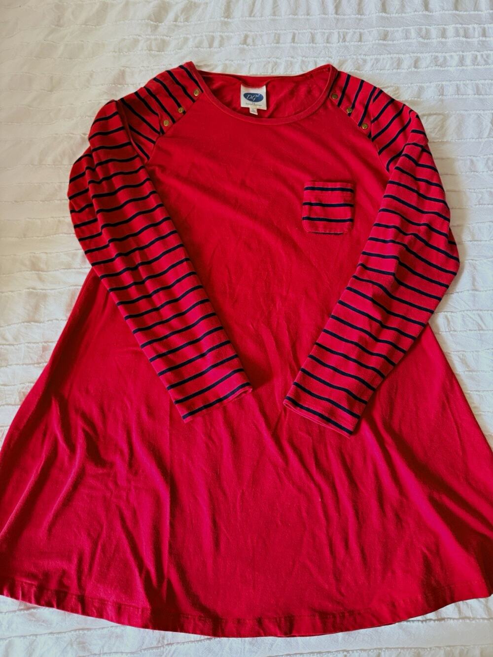 DG2 by Diane Gilman T-Shirt Dress L Red Blue Striped Raglan Buttons Stretch